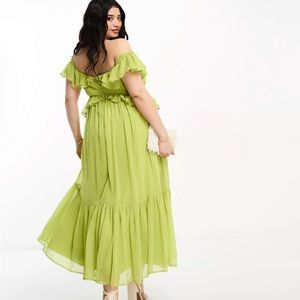 Asos Green Off The Shoulder Ruffle Cutout Dress